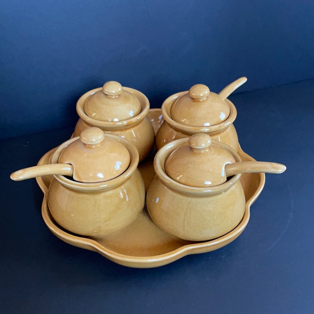 Vintage Ceramic Condiment Salsa Set Tray Jars Spoons